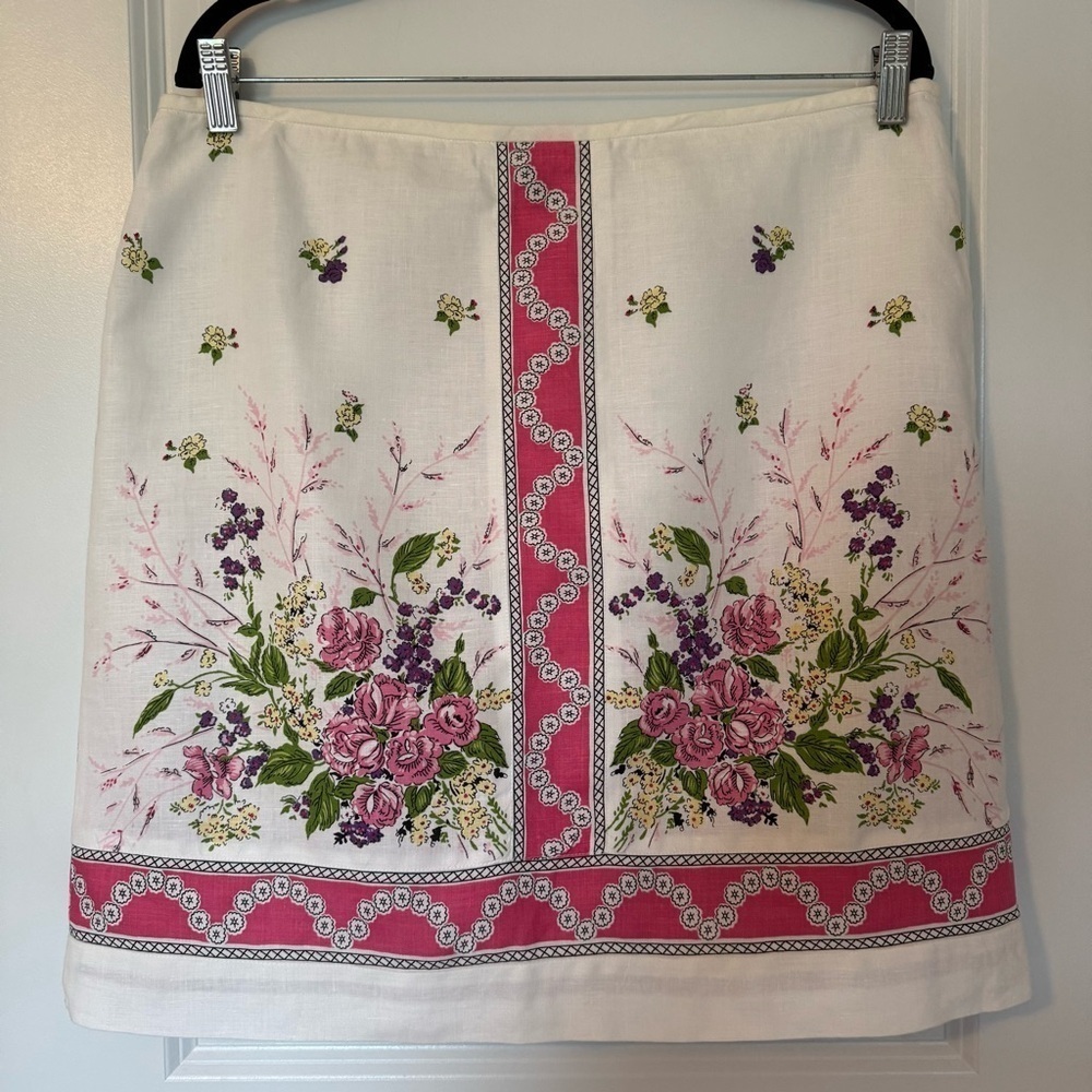 LOFT Floral White and Pink 100% Linen Skirt Size 14 Petite